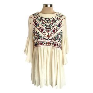 Umgee Cream Boho Bliss Embroidered Dress Sz LARGE Hippie Fairy Peasant Babydoll